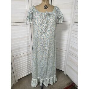 Vintage 70s 80s Cotton Floral Maxi Prairie Dress Eyelet Lace Ruffle Country Larg